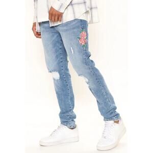 Nova Mens Distressed Ripped Jeans 42 X 32 Rose Embroidered RARE NWT 1085
